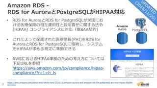 77
Amazon RDS -
RDS for AuroraとPostgreSQLがHIPAA対応
• RDS for AuroraとRDS for PostgreSQLが⽶国にお
ける医療保険の相互運⽤性と説明責任に関する法令
(HIPAA) コンプライアンスに対応（要BAA契約)
• これによって保護された医療情報(PHI)をRDS for
AuroraとRDS for PostgreSQLに格納し、システム
をHIPAAが求める規定に準拠できる
• AWSにおけるHIPAA準拠のための考え⽅については
下記URLを参照
https://aws.amazon.com/jp/compliance/hipaa-
compliance/?nc1=h_ls
https://aws.amazon.com/about-aws/whats-new/2016/11/amazon-aurora-and-amazon-rds-for-postgresql-are-now-hipaa-eligible-
services/
 