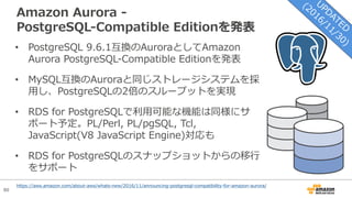 80
Amazon Aurora -
PostgreSQL-Compatible Editionを発表
• PostgreSQL 9.6.1互換のAuroraとしてAmazon
Aurora PostgreSQL-Compatible Editionを発表
• MySQL互換のAuroraと同じストレージシステムを採
⽤し、PostgreSQLの2倍のスループットを実現
• RDS for PostgreSQLで利⽤可能な機能は同様にサ
ポート予定。PL/Perl, PL/pgSQL, Tcl,
JavaScript(V8 JavaScript Engine)対応も
• RDS for PostgreSQLのスナップショットからの移⾏
をサポート
https://aws.amazon.com/about-aws/whats-new/2016/11/announcing-postgresql-compatibility-for-amazon-aurora/
 