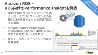 83
Amazon RDS -
RDS向けのPerformance Insightを発表
• DBの知識を持ったエンジニアがいな
くとも、クエリパフォーマンスの評
価やDBの状態チェックを実施可能に
する機能
• Amazon Aurora PostgreSQL-
Compatible Editionには既に組み込
まれた状態でリリースされる
• 他のデータベースエンジンにも順次
展開予定
https://aws.amazon.com/about-aws/whats-new/2016/11/announcing-postgresql-compatibility-for-amazon-aurora/
 
