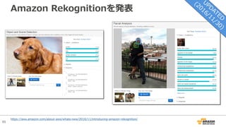 85
Amazon Rekognitionを発表
https://aws.amazon.com/about-aws/whats-new/2016/11/introducing-amazon-rekognition/
 