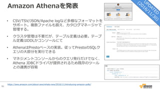 91
Amazon Athenaを発表
• CSV/TSV/JSON/Apache logなど多様なフォーマットを
サポート。複数ファイルも扱え、カタログマネージャで
管理する。
• クラスタ管理は不要だが、テーブル定義は必要。テーブ
ル定義はDDLかコンソールにて
• AthenaはPrestoベースの実装。従ってPrestoのSQLク
エリの⼤部分を実⾏できる
• マネジメントコンソールからのクエリ発⾏だけでなく、
Athena JDBCドライバが提供されるため既存のツール
との連携が容易
https://aws.amazon.com/about-aws/whats-new/2016/11/introducing-amazon-polly/
 