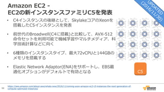 99
Amazon EC2 -
EC2の新インスタンスファミリC5を発表
• C4インスタンスの後継として、SkylakeコアのXeonを
搭載したC5インスタンスを発表
• 前世代のBroadwell(C4に搭載)と⽐較して、AVX-512
命令セットを利⽤可能で機械学習やマルチメディア、科
学技術計算などに向く
• 6種類のインスタンスタイプ、最⼤72vCPUと144GBの
メモリを搭載する
• Elastic Network Adaptor(ENA)をサポートし、EBS最
適化オプションがデフォルトで有効となる C5
https://aws.amazon.com/about-aws/whats-new/2016/11/coming-soon-amazon-ec2-c5-instances-the-next-generation-of-
compute-optimized-instances/
 