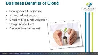 • Low up-front Investment
• In time Infrastructure
• Efficient Resource utilization
• Usage based Cost
• Reduce time to market
Business Benefits of Cloud
 