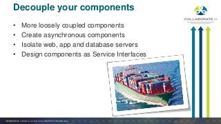 • More loosely coupled components
• Create asynchronous components
• Isolate web, app and database servers
• Design components as Service Interfaces
Decouple your components
 