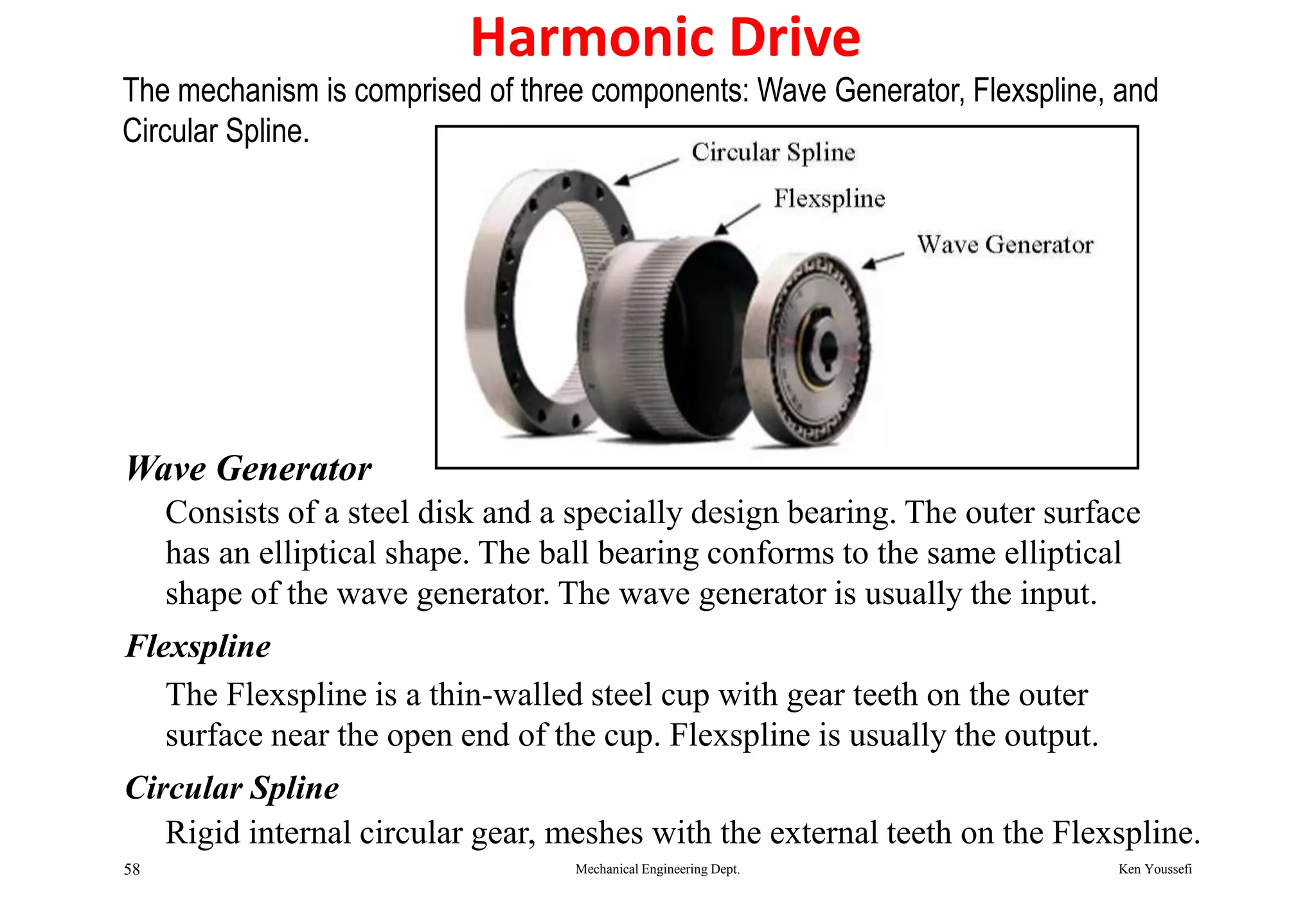Harmonic Drive
Ken YoussefiMechanical Engineering Dept.58
The mechanism is comprised of three components: Wave Generator, Flexspline, and
Circular Spline.
Wave Generator
Consists of a steel disk and a specially design bearing. The outer surface
has an elliptical shape. The ball bearing conforms to the same elliptical
shape of the wave generator. The wave generator is usually the input.
Flexspline
The Flexspline is a thin-walled steel cup with gear teeth on the outer
surface near the open end of the cup. Flexspline is usually the output.
Circular Spline
Rigid internal circular gear, meshes with the external teeth on the Flexspline.
 