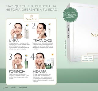 70
HAZ QUE TU PIEL CUENTE UNA
HISTORIA DIFERENTE A TU EDAD
Día Noche Día y noche
1 2
3 4
LIMPIA
POTENCIA HIDRATA
TRATA OJOS
INCLUYECAJADEREGALO
IDEAL PARA
PIEL NORMAL
A GRASA
CREMA DE DÍA
CON TEXTURA
LIGERA GEL CREMA
Protege tu piel contra el foto daño
durante el día conTratamientos
Hidratantes y nutre tu piel mientras
duermes conTratamientos Intensivos.
Aplica todos los días según la necesidad
de tu piel.
Limpia impurezas y maquillaje con las
Limpiadoras y Lociones NovAge de día
y noche. Esto permitirá que los
productos sean mejor absorbidos y te
ofrezcan los mejores resultados.
La piel alrededor de los ojos es delicada
y necesita cuidados especiales. Masajea
esta área con las Cremas de Contornos
de Ojos para prevenir arrugas, reairmar
o hidratar.
Cada Sérum está formulado para
aumentar el poder de tu rutina.Aplica
de 2 a 3 gotas diariamente en rostro
y cuello.
 