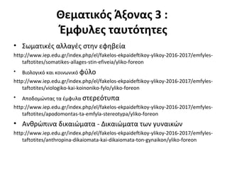 Θεματικός Άξονας 3 :
Έμφυλες ταυτότητες
• Σωματικές αλλαγές στην εφηβεία
http://www.iep.edu.gr/index.php/el/fakelos-ekpaideftikoy-ylikoy-2016-2017/emfyles-
taftotites/somatikes-allages-stin-efiveia/yliko-foreon
• Βιολογικό και κοινωνικό φύλο
http://www.iep.edu.gr/index.php/el/fakelos-ekpaideftikoy-ylikoy-2016-2017/emfyles-
taftotites/viologiko-kai-koinoniko-fylo/yliko-foreon
• Αποδομώντας τα έμφυλα στερεότυπα
http://www.iep.edu.gr/index.php/el/fakelos-ekpaideftikoy-ylikoy-2016-2017/emfyles-
taftotites/apodomontas-ta-emfyla-stereotypa/yliko-foreon
• Ανθρώπινα δικαιώματα - Δικαιώματα των γυναικών
http://www.iep.edu.gr/index.php/el/fakelos-ekpaideftikoy-ylikoy-2016-2017/emfyles-
taftotites/anthropina-dikaiomata-kai-dikaiomata-ton-gynaikon/yliko-foreon
 