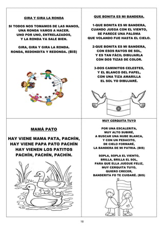 18
GIRA Y GIRA LA RONDA
SI TODOS NOS TOMAMOS DE LAS MANOS,
UNA RONDA VAMOS A HACER.
UNO POR UNO, ENTRELAZADOS,
Y LA RONDA YA SALE BIEN.
GIRA, GIRA Y GIRA LA RONDA.
RONDA, REDONDITA Y REDONDA. (BIS)
QUE BONITA ES MI BANDERA.
1-QUE BONITA ES MI BANDERA,
CUANDO JUEGA CON EL VIENTO,
SE PARECE UNA PALOMA
QUE VOLANDO FUE HASTA EL CIELO.
2-QUE BONITA ES MI BANDERA,
CON ESOS RAYOS DE SOL,
Y ES TAN FÁCIL DIBUJARLA
CON DOS TIZAS DE COLOR.
3-DOS CAMINITOS CELESTES,
Y EL BLANCO DEL PAPEL,
CON UNA TIZA AMARILLA
EL SOL YO DIBUJARÉ.
MAMÁ PATO
HAY VIENE MAMA PATA, PACHÍN,
HAY VIENE PAPA PATO PACHÍN
HAY VIENEN LOS PATITOS
PACHÍN, PACHÍN, PACHÍN.
MUY CERQUITA TUYO
POR UNA ESCALERITA,
MUY ALTO SUBIRÉ,
A BUSCAR UNA NUBE BLANCA,
Y CON UN PEDACITO,
DE CIELO FORMARÉ,
LA BANDERA DE MI PATRIA. (BIS)
SOPLA, SOPLA EL VIENTO,
BRILLA, BRILLA EL SOL,
PARA QUE ELLA JUEGUE FELIZ,
MUY CERQUITA TUYO,
QUIERO CRECER,
BANDERITA FO TE CUIDARÉ. (BIS)
 