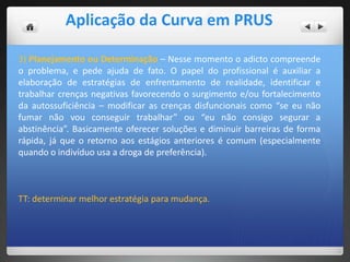 3) Planejamento ou Determinação – Nesse momento o adicto compreende
o problema, e pede ajuda de fato. O papel do profissional é auxiliar a
elaboração de estratégias de enfrentamento de realidade, identificar e
trabalhar crenças negativas favorecendo o surgimento e/ou fortalecimento
da autossuficiência – modificar as crenças disfuncionais como “se eu não
fumar não vou conseguir trabalhar” ou “eu não consigo segurar a
abstinência”. Basicamente oferecer soluções e diminuir barreiras de forma
rápida, já que o retorno aos estágios anteriores é comum (especialmente
quando o indivíduo usa a droga de preferência).
TT: determinar melhor estratégia para mudança.
Aplicação da Curva em PRUS
 