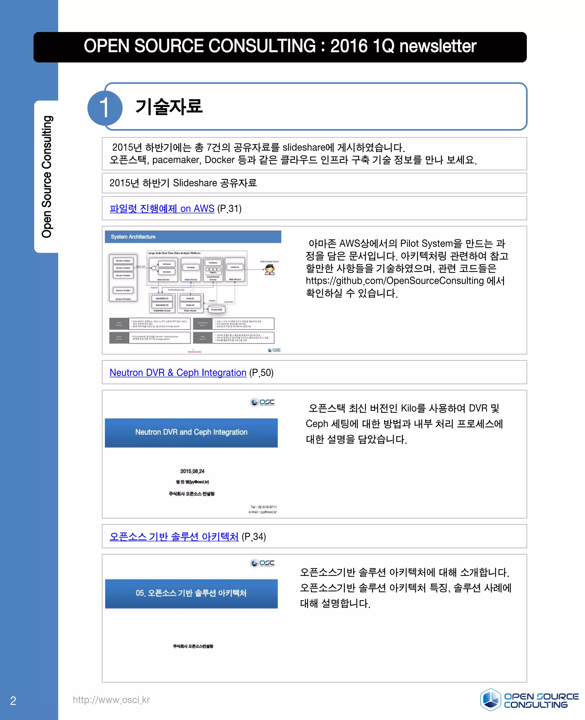 OpenSourceConsulting OPEN SOURCE CONSULTING : 2016 1Q newsletter
기술자료1
2015년 하반기 Slideshare 공유자료
http://www.osci.kr
파일럿 진행예제 on AWS (P.31)
아마존 AWS상에서의 Pilot System을 만드는 과
정을 담은 문서입니다. 아키텍처링 관련하여 참고
할만한 사항들을 기술하였으며, 관련 코드들은
https://github.com/OpenSourceConsulting 에서
확인하실 수 있습니다.
Neutron DVR & Ceph Integration (P.50)
오픈스택 최신 버전인 Kilo를 사용하여 DVR 및
Ceph 세팅에 대한 방법과 내부 처리 프로세스에
대한 설명을 담았습니다.
오픈소스 기반 솔루션 아키텍처 (P.34)
오픈소스기반 솔루션 아키텍처에 대해 소개합니다.
오픈소스기반 솔루션 아키텍처 특징, 솔루션 사례에
대해 설명합니다.
2015년 하반기에는 총 7건의 공유자료를 slideshare에 게시하였습니다.
오픈스택, pacemaker, Docker 등과 같은 클라우드 인프라 구축 기술 정보를 만나 보세요.
2
 