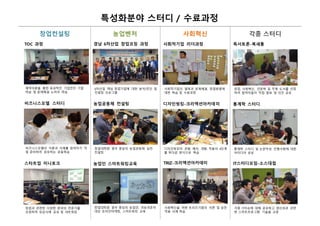 비즈니스모델 스터디
비즈니스모델의 이론과 사례를 참여자가 직
접 준비하여 공유하는 공동학습
스타트업 미니토크
창업과 관련한 다양한 분야의 전문가를
초빙하여 성공사례 공유 및 네트워킹
농업공동체 컨설팅
창업대학원 원우 중심의 농업공동체 실전
컨설팅
농업인 스마트워킹교육
창업대학원 원우 중심의 농업인, 귀농귀촌자
대상 온라인마케팅, 스마트워킹 교육
사회적기업 리더과정
사회적기업의 철학과 문제해결, 창업방법에
대한 학습 및 수료과정
디자인씽킹-크리액션아카데미
디자인씽킹의 관찰, 해석, 개발, 적용의 4단계
를 워크샵 방식으로 학습
독서토론-북새통
창업, 사회혁신, 인문학 등 주제 도서를 선정
하여 참여자들이 직접 발표 및 의견 공유
통계학 스터디
통계학 스터디 및 논문작성 진행사항에 대한
아이디어 공유
창업컨설팅
TRIZ-크리액션아카데미
사회혁신을 위한 트리즈기법의 이론 및 실전
적용 사례 학습
경남 6차산업 창업코칭 과정
6차산업 핵심 창업기업에 대한 분석/진단 및
컨설팅 프로그램
IT스터디모임-소스대첩
각종 IT이슈에 대해 공유하고 생산성과 관련
한 스마트프로그램 기술을 교류
농업벤처 사회혁신 각종 스터디
특성화분야 스터디 / 수료과정
TOC 과정
제약이론을 통한 효과적인 기업진단 기법
학습 및 문제해결 노하우 학습
 