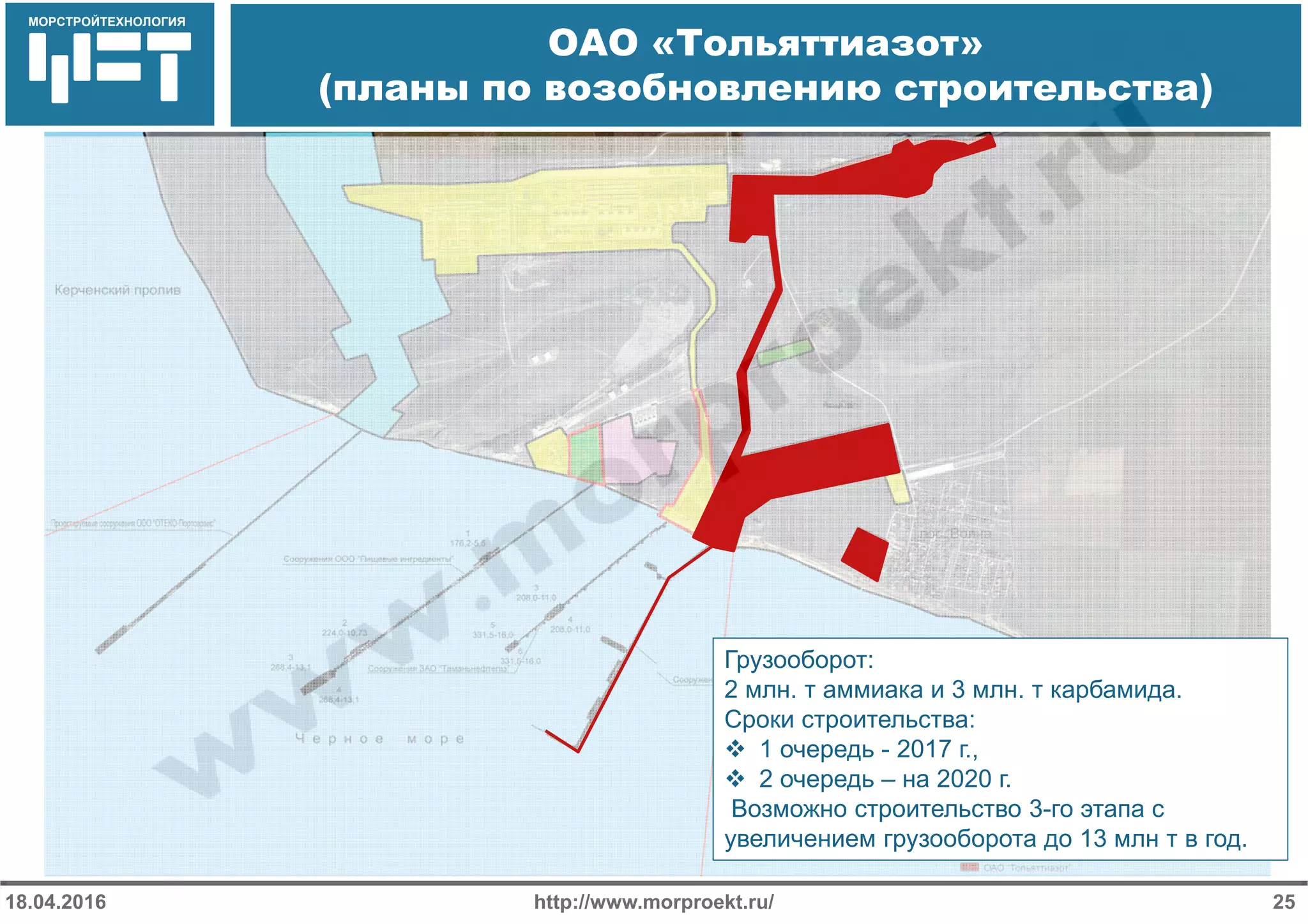 МОРСТРОЙТЕХНОЛОГИЯ
ОАО «Тольяттиазот»
(планы по возобновлению строительства)
http://www.morproekt.ru/ 2518.04.2016
Грузооборот:
2 млн. т аммиака и 3 млн. т карбамида.
Сроки строительства:
 1 очередь - 2017 г.,
 2 очередь – на 2020 г.
Возможно строительство 3-го этапа с
увеличением грузооборота до 13 млн т в год.
 