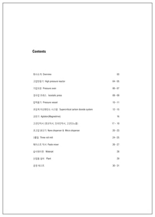 회사소개 Overview
고압반응기 High pressure reactor
가압오븐 Pressure oven
정수압 프레스 Isostatic press
압력용기 Pressure vessel
초임계 이산화탄소 시스템 Supercritical carbon dioxide system
교반기 Agitator(Magnedrive)
고전단믹서 (호모믹서, 인라인믹서, 고전단노즐)
초고압 분산기 Nano disperser & Micro disperser
3롤밀 Three roll mill
페이스트 믹서 Paste mixer
습식워터젯 Waterjet
산업용 설비 Plant
공정 테스트
03
04 - 05
06 - 07
08 - 09
10 - 11
12 - 15
16
17 - 19
20 - 23
24 - 25
26 - 27
28
29
30 - 31
Contents
 