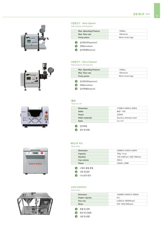 공정 테스트 TEST
31
고압분산기 - Nano Diperser
습식분산(Dispersion)
유화(emulsion)
습식파쇄(Rupture)
High pressure Homogenizer
Max. Operating Pressure
Max. Flow rate
Pump system
1500bar
100ml/min
Motor driven type
1
2
3
고압분산기 - Micro Disperser
습식분산(Dispersion)
유화(emulsion)
습식파쇄(Rupture)
High pressure Homogenizer
Max. Operating Pressure
Max. Flow rate
Pump system
1500bar
100ml/min
Motor driven type
1
2
3
3롤밀
입자파쇄
분산 및 혼합
Three roll mill
Dimension
Roller
Power
Roller materials
Ratio
310(W) X 450(D) X 300(H)
Φ50 * 150l
220VAC
Alumina, Stainless steel
3.6:1.8:1
1
2
Dimension
Capacity
Rotation
Cup volume
Power
330(W) X 410(D) X 430(H)
700g * 2cup
자전 2,000rpm / 공전 1000rpm
500ml
220VAC, 300W
페이스트 믹서
고점도 물질 혼합
교반 및 탈포
나노입자 분산
Paste mixer
1
2
3
Dimension
Hopper capacity
Flow rate
Motor
1400(W) X 650(D) X 1000(H)
40 L
4,000L/hr (@3500rpm)
5HP (최대 3500rpm)
고전단 인라인믹서
혼합 및 유화
분산 및 균질화
교반 및 혼합
Inline mixer
1
2
3
 
