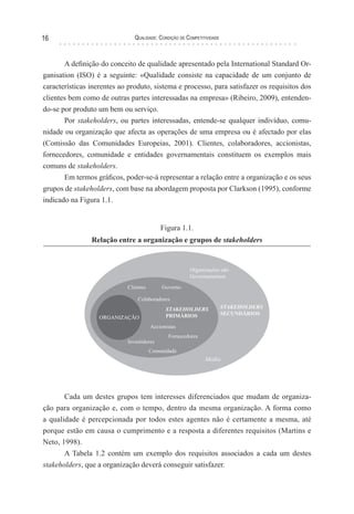 Qualidade: Condição de Competitividade16
A definição do conceito de qualidade apresentado pela International Standard Or-
ganisation (ISO) é a seguinte: «Qualidade consiste na capacidade de um conjunto de
características inerentes ao produto, sistema e processo, para satisfazer os requisitos dos
clientes bem como de outras partes interessadas na empresa» (Ribeiro, 2009), entenden-
do-se por produto um bem ou serviço.
Por stakeholders, ou partes interessadas, entende-se qualquer indivíduo, comu-
nidade ou organização que afecta as operações de uma empresa ou é afectado por elas
(Comissão das Comunidades Europeias, 2001). Clientes, colaboradores, accionistas,
fornecedores, comunidade e entidades governamentais constituem os exemplos mais
comuns de stakeholders.
Em termos gráficos, poder-se-á representar a relação entre a organização e os seus
grupos de stakeholders, com base na abordagem proposta por Clarkson (1995), conforme
indicado na Figura 1.1.
Figura 1.1.
Relação entre a organização e grupos de stakeholders
ORGANIZAÇÃO
Clientes Governo
Colaboradores
STAKEHOLDERS
PRIMÁRIOS
Accionistas
Fornecedores
Comunidade
Investidores
STAKEHOLDERS
SECUNDÁRIOS
Organizações não
Governamentais
Cada um destes grupos tem interesses diferenciados que mudam de organiza-
ção para organização e, com o tempo, dentro da mesma organização. A forma como
a qualidade é percepcionada por todos estes agentes não é certamente a mesma, até
porque estão em causa o cumprimento e a resposta a diferentes requisitos (Martins e
Neto, 1998).
A Tabela 1.2 contém um exemplo dos requisitos associados a cada um destes
stakeholders, que a organização deverá conseguir satisfazer.
Media
 