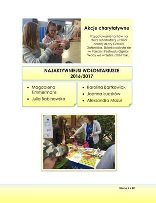 Strona 6 z 20
• Magdalena
Timmermans
• Julia Babinowska
NAJAKTYWNIEJSI WOLONTARIUSZE
2016/2017
• Karolina Bartkowiak
• Joanna Łuczków
• Aleksandra Mazur
Akcje charytatywne
Przygotowanie fantów na
rzecz rehabilitacji ucznia
naszej szkoły Grzesia
Dołbniaka. Zbiórka odbyła się
w trakcie I Festiwalu Ognia i
Wody we wrześniu 2016 roku.
 