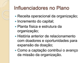 Influenciadores no Plano
 Receita operacional da organização;
 Incremento do capital;
 Planta física e estrutura da
organização;
 História anterior de relacionamento
com doadores e oportunidades para
expansão da doação;
 Como a captação contribui o avanço
da missão da organização.
 