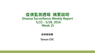 疫情監測週報 摘要說明
Disease Surveillance Weekly Report
5/22－5/28, 2016
Week 21
疾病管制署
Taiwan CDC
 