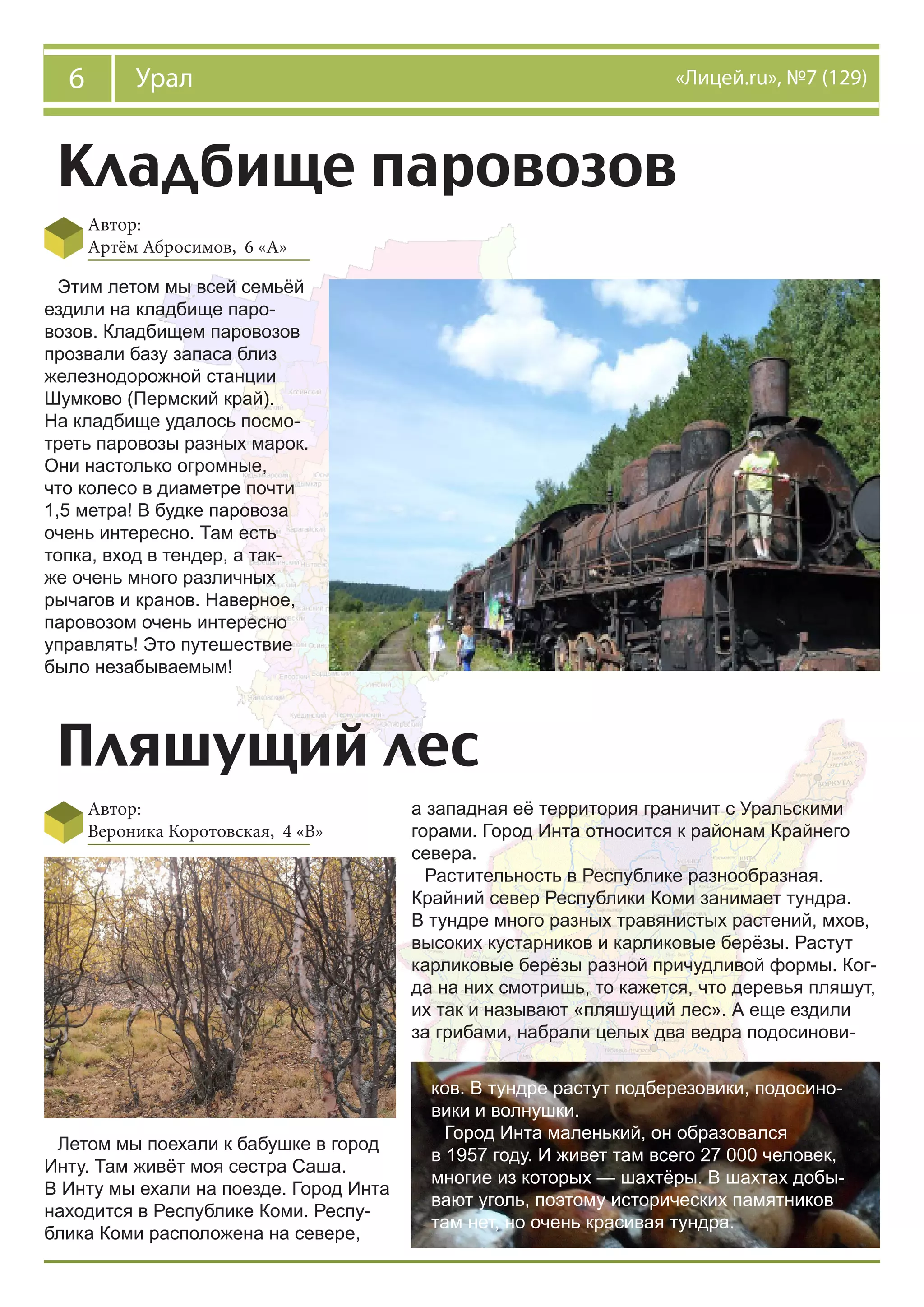 6 Урал «Лицей.ru», №7 (129)
Кладбище паровозов
Автор:
Артём Абросимов, 6 «А»
Этим летом мы всей семьёй
ездили на кладбище паро-
возов. Кладбищем паровозов
прозвали базу запаса близ
железнодорожной станции
Шумково (Пермский край).
На кладбище удалось посмо-
треть паровозы разных марок.
Они настолько огромные,
что колесо в диаметре почти
1,5 метра! В будке паровоза
очень интересно. Там есть
топка, вход в тендер, а так-
же очень много различных
рычагов и кранов. Наверное,
паровозом очень интересно
управлять! Это путешествие
было незабываемым!
Пляшущий лес
Автор:
Вероника Коротовская, 4 «В»
Летом мы поехали к бабушке в город
Инту. Там живёт моя сестра Саша.
В Инту мы ехали на поезде. Город Инта
находится в Республике Коми. Респу-
блика Коми расположена на севере,
а западная её территория граничит с Уральскими
горами. Город Инта относится к районам Крайнего
севера.
Растительность в Республике разнообразная.
Крайний север Республики Коми занимает тундра.
В тундре много разных травянистых растений, мхов,
высоких кустарников и карликовые берёзы. Растут
карликовые берёзы разной причудливой формы. Ког-
да на них смотришь, то кажется, что деревья пляшут,
их так и называют «пляшущий лес». А еще ездили
за грибами, набрали целых два ведра подосинови-
ков. В тундре растут подберезовики, подосино-
вики и волнушки.
Город Инта маленький, он образовался
в 1957 году. И живет там всего 27 000 человек,
многие из которых — шахтёры. В шахтах добы-
вают уголь, поэтому исторических памятников
там нет, но очень красивая тундра.
 