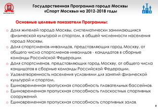 Государственная Программа города Москвы
«Спорт Москвы» на 2012-2018 годы
44
o Доля жителей города Москвы, систематически занимающихся
физической культурой и спортом, в общей численности населения
города Москвы.
o Доля спортсменов-инвалидов, представляющих город Москву, от
общего числа спортсменов-инвалидов - кандидатов в сборные
команды Российской Федерации.
o Доля спортсменов, представляющих город Москву, от общего числа
кандидатов в сборные команды Российской Федерации.
o Удовлетворенность населения условиями для занятий физической
культурой и спортом.
o Единовременная пропускная способность плавательных бассейнов.
o Единовременная пропускная способность плоскостных спортивных
сооружений.
o Единовременная пропускная способность спортивных залов.
Основные целевые показатели Программы:
 