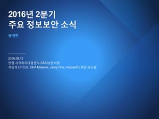 2016년 2분기
주요 정보보안 소식
2016.08.15
안랩 시큐리티대응센터(ASEC) 분석팀
차민석 (車珉錫, CHA Minseok, Jacky Cha, mstoned7) 책임 연구원
공개판
 