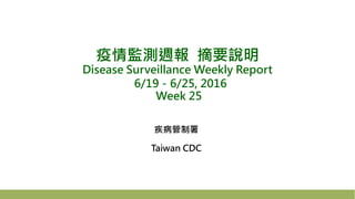 疫情監測週報 摘要說明
Disease Surveillance Weekly Report
6/19－6/25, 2016
Week 25
疾病管制署
Taiwan CDC
 
