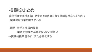 根拠②まとめ
座学だけでは補えない話す力や聴く力を育て就活に役立てるために
実践的な授業を増やすべき
現状：座学＞実践的授業
実践的授業が必修でないことが多い
→実践的授業増やす、また必修化する
 