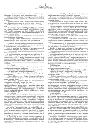 esta prueba y anunciando el lugar, fecha y hora de celebración, que se
publicará en el Diari Oficial de la Comunitat Valenciana.
El tribunal para la realización de esta prueba estará constituido
preferentemente por catedráticos o profesores de español de escuelas
oficiales de idiomas.
La prueba se calificará de apto o no apto, siendo necesario obte-
ner la valoración de aptopara pasar a realizar las pruebas de la fase de
oposición.
Gozan de exención de esta prueba de conocimiento del castellano:
– Quienes estén en posesión del diploma de español como len-
gua extranjera (nivel B2, C1 o C2) establecido por el Real Decreto
1137/2002, de 31 de octubre, modificado por el Real Decreto 264/2008,
o del certificado de nivel avanzado o de aptitud en español para extran-
jeros expedido por las escuelas oficiales de idiomas.
– Quienes posean el título de Licenciado o grado correspondiente
en Filología Hispánica o Románica.
– Quienes hayan realizado en el Estado español todos los estudios
conducentes a la titulación alegada para el ingreso en el cuerpo a que
se opta.
– Quienes participaron en los procedimientos selectivos convocados
a partir de la convocatoria del año 2002 y obtuvieron la calificación de
apto en la prueba de conocimiento del castellano.
En todos los casos, deberá consignarse en el apartado correspon-
diente de la instancia de participación como se exige en la base 3.1.3.c)
7.1.2. Acreditación del conocimiento de los idiomas oficiales de la
Comunitat Valenciana
De conformidad con lo establecido en el Decreto 62/2002, de 25
de abril, del Consell, por el que se regula la acreditación de los cono-
cimientos lingüísticos para el acceso y la provisión de puestos en la
función pública docente no universitaria en la Comunitat Valenciana,
quienes participen en los procedimientos de ingreso y acceso deberán
acreditar los conocimientos, tanto en expresión oral como escrita, de los
dos idiomas oficiales de la Comunitat Valenciana.
7.1.2.1 Castellano
Acreditan el conocimiento de esta lengua quienes estén en posesión
de alguna de las siguientes titulaciones:
– Titulación universitaria expedida por una universidad española.
– Título de Bachillerato expedido por el Estado español.
– Título de Técnico Superior o Técnico Especialista (FP2) expedido
por el Estado español.
– Diploma de español como Lengua Extranjera (nivel superior) o
Certificado de Aptitud de español para los Extranjeros expedido por las
escuelas oficiales de idiomas.
– Haber obtenido la calificación de apto en la prueba correspondien-
te en las oposiciones convocadas a partir del año 2002.
Quien no pueda acreditarlo, realizará una prueba de conocimiento
del castellano cuyo contendido se ajustará a lo dispuesto en el Real
Decreto 1137/2002, de 31 de octubre (BOE 8 de noviembre), por el que
se regulan los diplomas de español como lengua extranjera (DELE), en
su redacción dada por el Real Decreto 264/2008, de 22 de febrero, y que
será calificada de apto o no apto.
7.1.2.2 Valenciano.
Acreditan el conocimiento del valenciano quienes estén en posesión
del Certificado de Capacitación para la Enseñanza en Valenciano que,
de acuerdo con lo previsto en el artículo 3 de la Orden 17/2013, de 15
de abril, de la Conselleria de Educación, Cultura y Deporte, facultará
al profesorado que lo obtenga, y a la vez será el requisito mínimo, para
la enseñanza en valenciano, como lengua vehicular, en todas las ense-
ñanzas no universitarias reguladas en la Ley Orgánica 2/2006, de 3 de
mayo, de Educación.
Asimismo, de acuerdo con el artículo 5 de la Orden 17/2013, de 15
de abril, de la Conselleria de Educación, Cultura y Deporte, el Diploma
de Maestro de Valenciano facultará al profesorado que lo obtenga para
impartir la enseñanza en valenciano, como lengua vehicular, en la tota-
lidad de las enseñanzas no universitarias reguladas en la Ley Orgánica
2/2006, de 3 de mayo, de Educación.
No obstante, quienes a fecha de finalización del plazo de presenta-
ción de solicitudes no estuvieran en posesión del Certificado de Capa-
citación para la Enseñanza en Valenciano o del Diploma de Maestro
de Valenciano, podrán presentarse al procedimiento selectivo en las
siguientes condiciones:
aquesta prova i s’anunciarà el lloc, la data i l’hora de realització, que es
publicarà en el Diari Oficial de la Comunitat Valenciana.
El tribunal per a la realització d’aquesta prova estarà constituït pre-
ferentment per catedràtics o professors d’espanyol d’escoles oficials
d’idiomes.
La prova es qualificarà d’apte o no apte, i caldrà obtindre la valora-
ció d’apte pera passar a realitzar les proves de la fase d’oposició.
Gaudeixen d’exempció d’aquesta prova de coneixement del cas-
tellà:
– Els qui estiguen en possessió del Diploma d’Espanyol com a Llen-
gua Estrangera (nivell B2, C1 o C2) establit pel Reial Decret 1137/2002,
de 31 d’octubre, modificat pel Reial Decret 264/2008, o del certificat de
Nivell Avançat o d’Aptitud en Espanyol per a estrangers expedit per les
escoles oficials d’idiomes.
– Els qui posseïsquen el Títol de Llicenciat o grau corresponent en
Filologia Hispànica o Romànica.
– Els qui hagen realitzat en l’Estat espanyol tots els estudis condu-
ents a la titulació al·legada per a l’ingrés en el cos a què s’opta.
– Els qui van participar en els procediments selectius convocats a
partir de la convocatòria de l’any 2002 i van obtindre la qualificació
d’apte en la prova de coneixement del castellà.
En tots els casos, haurà de consignar-se en l’apartat corresponent de
la instància de participació com s’exigeix en la base 3.1.3.c).
7.1.2. Acreditació del coneixement dels idiomes oficials de la
Comunitat Valenciana
De conformitat amb el que estableix el Decret 62/2002, de 25
d’abril, del Consell, pel qual es regula l’acreditació dels coneixements
lingüístics per a l’accés i la provisió de llocs en la funció pública docent
no universitària a la Comunitat Valenciana, els qui participen en els
procediments d’ingrés i accés hauran d’acreditar els coneixements, tant
en expressió oral com escrita, dels dos idiomes oficials de la Comunitat
Valenciana.
7.1.2.1 Castellà
Acrediten el coneixement d’aquesta llengua els que estiguen en pos-
sessió d’alguna de les titulacions següents:
– Titulació universitària expedida per una universitat espanyola.
– Títol de Batxillerat expedit per l’Estat espanyol.
– Títol de Tècnic Superior o Tècnic Especialista (FP2) expedit per
l’estat espanyol.
– Diploma d’Espanyol com a Llengua Estrangera (nivell superior)
o Certificat d’Aptitud d’Espanyol per als Estrangers expedit per les
escoles oficials d’idiomes.
– Haver obtingut la qualificació d’apte en la prova corresponent en
les oposicions convocades a partir de l’any 2002.
Qui no puga acreditar-ho, realitzarà una prova de coneixement del
castellà el contingut de la qual s’ajustarà al que disposa el Reial Decret
1137/2002, de 31 d’octubre (BOE 8 de novembre), pel qual es regulen
els diplomes d’espanyol com a llengua estrangera (DELE), en la seua
redacció donada pel Reial Decret 264/2008, de 22 de febrer, i que serà
qualificada d’apte o no apte.
7.1.2.2 Valencià
Acrediten el coneixement del valencià els que estiguen en posses-
sió del Certificat de Capacitació per a l’Ensenyament en Valencià que,
d’acord amb el que preveu l’article 3 de l’Ordre 17/2013, de 15 d’abril,
de la Conselleria d’Educació, Cultura i Esport, facultarà el professorat
que l’obtinga, i al mateix temps serà el requisit mínim, per a l’ense-
nyament en valencià com a llengua vehicular en totes les ensenyances
no universitàries regulades en la Llei Orgànica 2/2006, de 3 de maig,
d’Educació.
Així mateix, d’acord amb l’article 5 de l’Ordre 17/2013, de 15
d’abril, de la Conselleria d’Educació, Cultura i Esport, el Diploma de
Mestre de Valencià facultarà el professorat que l’obtinga per a impartir
l’ensenyament en valencià com a llengua vehicular en la totalitat de les
ensenyances no universitàries regulades en la Llei Orgànica 2/2006, de
3 de maig, d’Educació.
No obstant això, els qui en la data de finalització del termini de
presentació de sol·licituds no estiguen en possessió del Certificat de
Capacitació per a l’Ensenyament en Valencià o del Diploma de Mestre
de Valencià, podran presentar-se al procediment selectiu en les condi-
cions següents:
Num. 7776 / 06.05.2016 10454
 