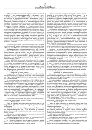 a) Quienes acrediten la competencia lingüística mínima en valen-
ciano de un nivel C1 en la forma prevista por el artículo 7.3 de la
Orden 17/2013, de 15 de abril, de la Conselleria de Educación, Cultura
y Deporte (certificado oficial expedido por la Junta Qualificadora de
Coneixements de Valencià, por las escuelas oficiales de idiomas auto-
rizadas para impartir dichas enseñanzas o por las universidades de la
Comunitat Valenciana) en caso de superar el concurso-oposición y ser
nombrados personal funcionario en prácticas, deberán, dentro y como
parte de la fase de prácticas ordinaria, obtener el Certificado de Capaci-
tación para la Enseñanza en Valenciano.
b) Quienes no puedan acreditar la competencia lingüística mínima
de un nivel C1 en valenciano a fecha de finalización del plazo de pre-
sentación de solicitudes, deberán participar, presentando justificante
del pago de las tasas para la participación en las pruebas selectivas,
el día 14 de junio de 2016 a las 16.00 h, en única convocatoria, y en
las ciudades de Valencia y Alicante, en una prueba de conocimientos
de valenciano nivel C1. La Dirección General de Centros y Personal
Docente dictará resolución anunciando el lugar de celebración de la
prueba y la composición del tribunal examinador, que se publicará en el
Diari Oficial de la Comunitat Valenciana.
Las personas que dispongan de una acreditación equivalente al nivel
C1 de conocimientos de valenciano obligatoriamente deben presentarla
el día 14 de junio a las 16.00 h en la prueba selectiva realizada al efecto.
Solamente a las personas que superen esta prueba se les expedirá el
certificado administrativo correspondiente de la Junta Qualificadora de
Coneixements de Valencià (JQCV). Además, se les permitirá continuar
en el concurso oposición y, en caso de superar el procedimiento y ser
nombrados funcionarios en prácticas, deberán obtener, durante la fase
de prácticas y como parte de estas, el certificado de Capacitación para
el Enseñanza en Valenciano.
Antes del inicio de las pruebas de la fase de oposición, los tribuna-
les dispondrán de la relación de aspirantes que reúnen el requisito de
la base 2.1.1.d) o han superado las pruebas previas previstas en la base
7.1. Las personas que no reúnan este requisito a fecha de finalización
del plazo de presentación de solicitudes o no hayan superado la prueba
realizada por la JQCV en fecha 14 de junio, no serán admitidas a par-
ticipar en ninguna de las pruebas que constituyen la fase de oposición.
7.2. Fase de oposición.
7.2.1. Contenido de las pruebas y temarios.
En esta fase se valorarán los conocimientos específicos, científicos
y técnicos necesarios para impartir la docencia de la especialidad docen-
te a la que se opta, la aptitud pedagógica y el dominio de las técnicas
necesarias para el ejercicio docente.
De conformidad con lo previsto en la Orden ECD/191/2012, de 6
de febrero, por la que se regulan los temarios que han de regir en los
procedimientos de ingreso, accesos y adquisición de nuevas especiali-
dades a los cuerpos docentes establecidos en la Ley Orgánica 2/2006,
de 3 de mayo, de Educación, serán de aplicación para el presente pro-
cedimiento selectivo los temarios vigentes del cuerpo de maestros en
la especialidad correspondiente. De este modo, serán de aplicación los
temarios contenidos en el anexo I de la Orden de 9 de septiembre de
1993, del Ministerio de Educación y Ciencia (BOE 226, 21.09.1993),
así como, para la especialidad de Primaria, el contenido en la Orden de
12 de marzo de 2007, del Ministerio de Educación y Ciencia (BOE 64,
15 de marzo) y anexo VIII a la presente orden.
La fase de oposición constará de dos pruebas que tendrán carácter
eliminatorio y se desarrollarán en el siguiente orden:
7.2.1.1. Primera prueba
Tendrá por objeto la demostración de los conocimientos específicos
de la especialidad a la que se opta y constará de dos partes que serán
valoradas conjuntamente:
Parte A: Consistirá en el desarrollo, por escrito, de un tema escogido
por la persona aspirante de los sacados al azar por el tribunal de forma
proporcional al número de temas del temario de cada especialidad aten-
diendo a los siguientes criterios:
a) En aquellas especialidades que tengan un número no superior a
25 temas, deberá elegirse entre dos temas.
b) En aquellas especialidades que tengan un número superior a 25
temas e inferior a 51, deberá elegirse entre tres temas.
Para la realización de esta parte A de la prueba se dispondrá de dos
horas y, una vez finalizado el ejercicio, los tribunales iniciarán la lectura
pública por las personas aspirantes del ejercicio realizado.
a) Els qui acrediten la competència lingüística mínima en valencià
d’un nivell C1 en la forma prevista per l’article 7.3 de l’Ordre 17/2013,
de 15 d’abril, de la Conselleria d’Educació, Cultura i Esport (certificat
oficial expedit per la Junta Qualificadora de Coneixements de Valencià,
per les escoles oficials d’idiomes autoritzades per a impartir les dites
ensenyances o per les universitats de la Comunitat Valenciana) en cas
de superar el concurs oposició i ser nomenats personal funcionari en
pràctiques, hauran, dins i com a part de la fase de pràctiques ordinària,
d’obtindre el Certificat de Capacitació per a l’Ensenyament en Valencià.
b) Els qui no puguen acreditar la competència lingüística mínima
d’un nivell C1 en valencià en la data finalització del termini de pre-
sentació de sol·licituds, hauran de participar, presentant justificant del
pagament de les taxes per a la participació en les proves selectives, el
dia 14 de juny de 2016 a les 16.00 h, en una única convocatòria i a les
ciutats de València i Alacant, en una prova de coneixements de valencià
nivell C1. La Direcció General de Centres i Personal Docent dictarà una
resolució en què anunciarà el lloc de realització de la prova i la compo-
sició del tribunal examinador, que es publicarà en el Diari Oficial de la
Comunitat Valenciana.
Les persones que disposen d’una acreditació equivalent al nivell C1
de coneixements de valencià, obligatòriament han de presentar-la el dia
14 de juny a les 16.00 h en la prova selectiva realitzada a aquest efecte.
Només a les persones que superen aquesta prova se’ls expedirà
el certificat administratiu corresponent de la Junta Qualificadora de
Coneixements de Valencià (JQCV). A més, se’ls permetrà continuar
en el concurs oposició i, en cas de superar el procediment i ser nome-
nades funcionaris en pràctiques, hauran d’obtindre, durant la fase de
pràctiques i com a part d’aquestes, el certificat de Capacitació per a
l’Ensenyament en Valencià.
Abans de l’inici de les proves de la fase d’oposició, els tribunals
disposaran de la relació d’aspirants que reuneixen el requisit de la base
2.1.1.d) o han superat les proves prèvies previstes en la base 7.1. Les
persones que no reunisquen aquest requisit en la data finalització del
termini de presentació de sol·licituds o no hagen superat la prova realit-
zada per la JQCV en data 14 de juny, no seran admeses a participar en
cap de les proves que constitueixen la fase d’oposició.
7.2. Fase d’oposició.
7.2.1. Contingut de les proves i temaris.
En aquesta fase es valoraran els coneixements específics, científics
i tècnics necessaris per a impartir la docència de l’especialitat docent a
què s’opta, l’aptitud pedagògica i el domini de les tècniques necessàries
per a l’exercici docent.
De conformitat amb el que preveu l’Ordre ECD/191/2012, de 6 de
febrer, per la qual es regulen els temaris que han de regir en els proce-
diments d’ingrés, accessos i adquisició de noves especialitats als cossos
docents establits en la Llei Orgànica 2/2006, de 3 de maig, d’Educació,
seran aplicables per al present procediment selectiu els temaris vigents
del cos de mestres en l’especialitat corresponent. D’aquesta manera,
seran aplicables els temaris continguts en l’annex I de l’Ordre de 9
de setembre de 1993, del Ministeri d’Educació i Ciència (BOE 226,
21.09.1993), així com, per a l’especialitat de Primària, el contingut
en l’Ordre de 12 de març de 2007, del Ministeri d’Educació i Ciència
(BOE 64, 15 de març) i l’annex VIII a la present ordre.
La fase d’oposició constarà de dues proves que tindran caràcter eli-
minatori i es desenvoluparan en l’ordre següent:
7.2.1.1. Primera prova
Tindrà per objecte la demostració dels coneixements específics de
l’especialitat a què s’opta i constarà de dues parts, que seran valorades
conjuntament:
Part A: Consistirà en el desenvolupament, per escrit, d’un tema triat
per la persona aspirant dels trets a l’atzar pel tribunal de forma pro-
porcional al nombre de temes del temari de cada especialitat atesos els
criteris següents:
a) En aquelles especialitats que tinguen un nombre no superior a 25
temes, haurà de triar-se entre dos temes.
b) En aquelles especialitats que tinguen un nombre superior a 25
temes i inferior a 51, haurà de triar-se entre tres temes.
Per a la realització d’aquesta part A de la prova es disposarà de dues
hores i, una vegada finalitzat l’exercici, els tribunals iniciaran la lectura
pública per les persones aspirants de l’exercici realitzat.
Num. 7776 / 06.05.2016 10455
 