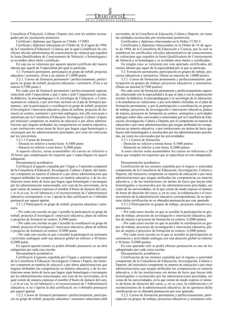 noviembre, de la Conselleria de Educación, Cultura y Deporte, así como
las entidades reconocidas por resoluciones posteriores.
Certificados y diplomas relacionados en la Orden 17/2013.
Certificados y diplomas relacionados en la Orden de 16 de agos-
to de 1994, de la Conselleria de Educación y Ciencia, por la cual se
establecen los certificados oficiales administrativos de conocimientos
de valenciano que expedira la Junta Qualificadora de Coneixements
de Valencià y se homologan y se revalidan otros títulos y certificados.
En ningún caso se valorarán por este apartado certificados del
mismo idioma que aquel de la especialidad por el que se participa.
3.2. Formación permanente, participación en grupos de trabajo, pro-
yectos educativos y seminarios. (Hasta un máximo de 1,0000 punto).
3.2.1. Cursos de formación permanente y perfeccionamiento, par-
ticipación en grupos de trabajo, proyectos educativos y seminarios.
(Hasta un máximo 0,7500 puntos)
Por cada curso de formación permanente y perfeccionamiento supera-
do, relacionado con la especialidad a la que se opta o con la organización
escolar, la didáctica, la psicopedagogía o la sociología de la educación,
o la enseñanza en valenciano, o por actividades incluidas en el plan de
formación permanente, y por la participación o coordinación en grupos
de trabajo, proyectos de investigación e innovación educativa, planes
de mejora, proyectos de formación en centros, seminarios y actividades
análogas; todos ellos convocados o autorizados por la Conselleria de Edu-
cación, Investigación, Cultura y Deporte, por el competente en materia de
educación o por otras administraciones que tengan atribuidas las compe-
tencias en materia educativa, o por instituciones sin ánimo de lucro que
hayan sido homologados o reconocidos por las administraciones precita-
das, así como los convocados por las universidades.
3.2.1.1 Cursos de formación.
– Duración no inferior a treinta horas: 0,1000 puntos
– Duración no inferior a cien horas: 0,2000 puntos
A estos efectos serán acumulables los cursos no inferiores a 20
horas que cumplan los requisitos que se especifican en este subapartado.
Documentación acreditativa:
Certificación de los mismos expedida por el órgano o autoridad
competente de la Conselleria de Educación, Investigación, Cultura y
Deporte, del ministerio competente en materia de educación o por otras
administraciones que tengan atribuidas las competencias en materia
educativa, o de las instituciones sin ánimo de lucro que hayan sido
homologados o reconocidos por las administraciones precitadas, así
como de las universidades, en la que conste de modo expreso el número
de horas de duración del curso, y, en su caso, la colaboración o el reco-
nocimiento de la administración educativa correspondiente; de no apor-
tarse dicha certificación no se obtendrá puntuación por este apartado.
3.2.1.2 Participación en grupos de trabajo, proyectos educativos y
seminarios.
– Por cada curso escolar en que se acredite la participación en gru-
pos de trabajo, proyectos de investigación e innovación educativa, pla-
nes de mejora o proyectos de formación en centros: 0,2000 puntos.
– Por cada curso escolar en que se acredite la coordinación en gru-
pos de trabajo, proyectos de investigación e innovación educativa, pla-
nes de mejora o proyectos de formación en centros: 0,2000 puntos.
– Por cada curso escolar en el que se acredite la participación en
seminarios y actividades análogas con una duración global no inferior
a 30 horas: 0,2000 puntos.
En este apartado solo se podrá obtener puntuación en uno de los
subapartados por cada curso escolar.
Documentación acreditativa:
Certificación de los mismos expedida por el órgano o autoridad
competente de la Conselleria de Educación, Investigación, Cultura y
Deporte, del ministerio competente en materia de educación o por otras
administraciones que tengan atribuidas las competencias en materia
educativa, o de las instituciones sin ánimo de lucro que hayan sido
homologados o reconocidos por las administraciones precitadas, así
como de las universidades, en la que conste de modo expreso el núme-
ro de horas de duración del curso, y, en su caso, la colaboración o el
reconocimiento de la administración educativa; de no aportarse dicha
certificación no se obtendrá puntuación por este apartado.
3.2.2. Cursos de formación permanente y perfeccionamiento, parti-
cipación en grupos de trabajo, proyectos educativos y seminarios rela-
Conselleria d’Educació, Cultura i Esport, així com les entitats recone-
gudes per les resolucions posteriors.
Certificats i diplomes que figuren en l’Ordre 17/2003.
Certificats i diplomes relacionats en l’Ordre de 16 d’agost de 1994,
de la Conselleria d’Educació i Ciència, per la qual s’establixen els cer-
tificats oficials administratius de coneixements de valencià que expedirà
la Junta Qualificadora de Coneixements de Valencià i s’homologuen i
es revaliden altres títols i certificats.
En cap cas es valoraran per aquests apartat certificats del mateix
idioma que aquell de l’especialitat pel qual es participa.
3.2. Formació permanent, participació en grups de treball, projectes
educatius i seminaris. (Fins a un màxim d’1,0000 punt).
3.2.1. Cursos de formació permanent i perfeccionament, partici-
pació en grups de treball, projectes educatius i seminaris. (Fins a un
màxim 0,7500 punts.)
Per cada curs de formació permanent i perfeccionament superat,
relacionat amb l’especialitat a què s’opta o amb l’organització escolar,
la didàctica, la psicopedagogia o la sociologia de l’educació, o l’ense-
nyament en valencià, o per activitats incloses en el pla de formació per-
manent, i per la participació o coordinació en grups de treball, projectes
d’investigació i innovació educativa, plans de millora, projectes de for-
mació en centres, seminaris i activitats anàlogues; tots ells convocats o
autoritzats per la Conselleria d’Educació, Investigació, Cultura i Esport,
pel ministeri competent en matèria de educació o per altres adminis-
tracions que tinguen atribuïdes las competències en matèria educativa,
o per institucions sense ànim de lucre que hagen sigut homologats o
reconeguts per les administracions precitades, així com els convocats
per les universitats.
3.2.1.1 Cursos de formació.
– Duració no inferior a trenta hores: 0,1000 punts
– Duració no inferior a cent hores: 0,2000 punts
A aquests efectes, seran acumulables els cursos no inferiors a
20 hores que complisquen els requisits que s’especifiquen en aquest
subapartat.
Documentació acreditativa:
Certificació d’aquests expedida per l’òrgan o l’autoritat competent
de la Conselleria d’Educació, Investigació, Cultura i Esport, del minis-
teri competent en matèria d’educació o per altres administracions que
tinguen atribuïdes les competències en matèria educativa, o de les ins-
titucions sense ànim de lucre que hagen sigut homologats o reconeguts
per les administracions mencionades, així com de les universitats, en la
qual conste de manera expressa el nombre d’hores de duració del curs,
i, si és el cas, la col·laboració o el reconeixement de l’administració
educativa corresponent; si no s’aporta la dita certificació no s’obtindrà
puntuació per aquest apartat.
3.2.1.2 Participació en grups de treball, projectes educatius i semi-
naris.
– Per cada curs escolar en què s’acredite la participació en grups de
treball, projectes d’investigació i innovació educativa, plans de millora
o projectes de formació en centres: 0,2000 punts.
– Per cada curs escolar en què s’acredite la coordinació en grups de
treball, projectes d’investigació i innovació educativa, plans de millora
o projectes de formació en centres: 0,2000 punts.
– Per cada curs escolar en què s’acredite la participació en seminaris
i activitats anàlogues amb una duració global no inferior a 30 hores:
0,2000 punts.
En aquest apartat només es podrà obtindre puntuació en un dels
subapartats per cada curs escolar.
Documentació acreditativa:
Certificació d’aquests expedida per l’òrgan o autoritat competent
de la Conselleria d’Educació, Investigació, Cultura i Esport, del minis-
teri competent en matèria de educació o per altres administracions que
tinguen atribuïdes las competències en matèria educativa, o de les ins-
titucions sense ànim de lucre que hagen sigut homologats o reconeguts
per les administracions mencionades, així com de les universitats, en la
qual conste de manera expressa el nombre d’hores de duració del curs,
i, si és el cas, la col·laboració o el reconeixement de l’Administració
educativa; si no s’aporta la dita certificació, no s’obtindrà puntuació
per aquest apartat.
3.2.2. Cursos de formació permanent i perfeccionament, participa-
ció en grups de treball, projectes educatius i seminaris relacionats amb
Num. 7776 / 06.05.2016 10471
 
