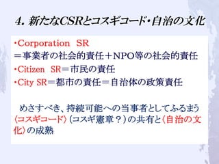 ４．新たなＣＳＲとコスギコード・自治の文化
・Ｃｏｒｐｏｒａｔｉｏｎ　ＳＲ
＝事業者の社会的責任＋ＮＰＯ等の社会的責任
・Citizen　SR＝市民の責任	
・City SR＝都市の責任＝自治体の政策責任	
	
　めさすべき、持続可能への当事者としてふるまう
〈コスギコード〉（コスギ憲章？）の共有と〈自治の文
化〉の成熟
 