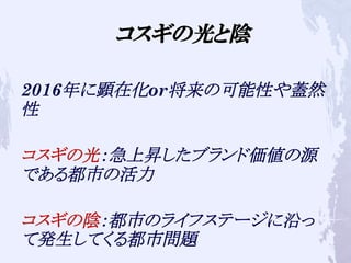 コスギの光と陰
2016年に顕在化or将来の可能性や蓋然
性
コスギの光：急上昇したブランド価値の源
である都市の活力
コスギの陰：都市のライフステージに沿っ
て発生してくる都市問題	
 
