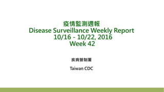 疫情監測週報
Disease Surveillance Weekly Report
10/16－10/22, 2016
Week 42
疾病管制署
Taiwan CDC
 
