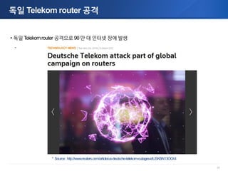 65
독일 Telekom router 공격
• 독일Telekomrouter 공격으로 90 만 대 인터넷 장애 발생
-
* Source:http://www.reuters.com/article/us-deutsche-tele...