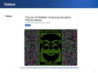 75
Telebot
• Telebot
-
* Source:http://www.welivesecurity.com/2016/12/13/rise-telebots-analyzing-disruptive-killdisk-attac...