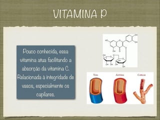 VITAMINA P
Pouco conhecida, essa
vitamina atua facilitando a
absorção da vitamina C.
Relacionada à integridade de
vasos, especialmente os
capilares.
 