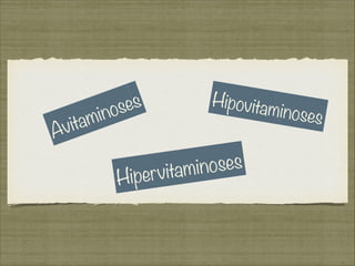 Hipovitaminoses
Avitaminoses
Hipervitaminoses
 