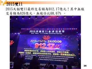 26
2015雙11
2015天貓雙11最終交易額為912.17億元！其中無線
交易額為626億元，無線佔比68.67% 。
 