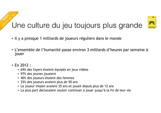 Une culture du jeu toujours plus grande
• Il y a presque 1 milliards de joueurs réguliers dans le monde
• L’ensemble de l’humanité passe environ 3 milliards d’heures par semaine à
jouer
• En 2012 :
• 69% des foyers étaient équipés en jeux vidéos
• 97% des jeunes jouaient
• 40% des joueurs étaient des femmes
• 25% des joueurs avaient plus de 50 ans
• Le joueur moyen avaient 35 ans et jouait depuis plus de 12 ans
• La plus part déclaraient vouloir continuer à jouer jusqu’à la fin de leur vie
Notre
 
culture
du
jeu
 