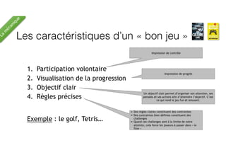 Les caractéristiques d’un « bon jeu »
1. Participation volontaire
2. Visualisation de la progression
3. Objectif clair
4. Règles précises
La
m
écanique
Impression de contrôle
Impression de progrès
Un objectif clair permet d’organiser son attention, ses
pensées et ses actions afin d’atteindre l’objectif. C’est
ce qui rend le jeu fun et amusant.
➢ Des règles claires constituent des contraintes
➢ Des contraintes bien définies constituent des
challenges
➢ Quand ces challenges sont à la limite de notre
atteinte, cela force les joueurs à passer dans « le
flow »
Exemple : le golf, Tetris…
 