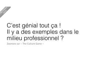 C’est génial tout ça ! 
Il y a des exemples dans le
milieu professionnel ?
Zoomons sur « The Culture Game »
The
Culture 
Gam
e
 