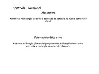 Controle Hormonal
Aldosterona
Aumenta a reabsorção de sódio e secreção de potássio no túbulo contorcido
distal
Fator natriurético atrial
Aumenta a filtração glomerular por promover a dilatação da arteríola
aferente e contrição da arteríola eferente
 