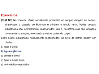 Exercícios
(PUC SP) No homem, várias substâncias presentes no sangue chegam ao néfron,
atravessam a cápsula de Bowman e atingem o túbulo renal. Várias dessas
substâncias são, normalmente, reabsorvidas, isto é, do néfron elas são lançadas
novamente no sangue, retornando a outras partes do corpo.
Entre essas substâncias normalmente reabsorvidas, no nível do néfron podem ser
citadas:
a) água e uréia.
b) água e glicose.
c) glicose e uréia.
d) água e ácido úrico.
e) aminoácidos e proteína.
 