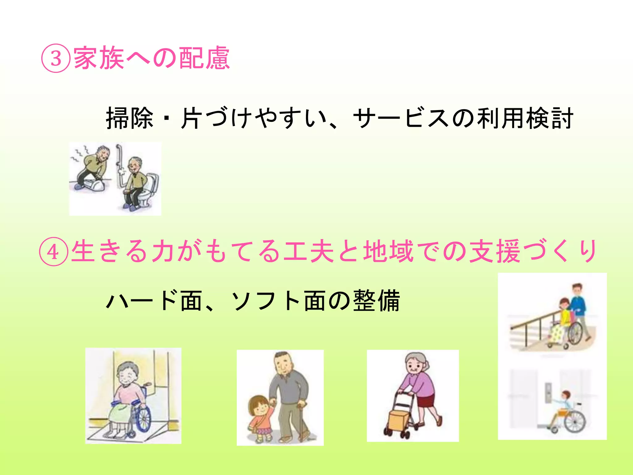 ③家族への配慮
掃除・片づけやすい、サービスの利用検討
④生きる力がもてる工夫と地域での支援づくり
ハード面、ソフト面の整備
 