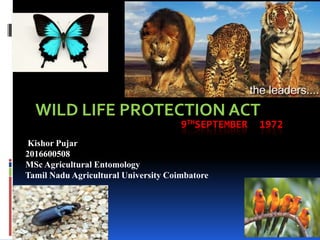 9THSEPTEMBER 1972
WILD LIFE PROTECTION ACT
Kishor Pujar
2016600508
MSc Agricultural Entomology
Tamil Nadu Agricultural University Coimbatore
 