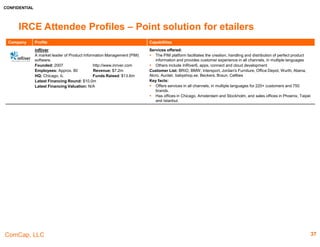 CONFIDENTIAL
ComCap, LLC 37
IRCE Attendee Profiles – Point Solutions & Site Infrastructure
Company Profile Capabilities
Nexcess
Michigan-based web hosting provider known for their
enterprise ecommerce hosting solutions.
Founded: 2000 www.nexcess.net
Employees: 51-200 Revenue: N/A
HQ: Southfield, MI Funds Raised: $74.9m
Latest Financing Round: $30.0m
Latest Financing Valuation: N/A
Services offered:
 Provides web hosting solutions from shared hosting and virtual private servers to dedicated
servers, server clusters and equipment co-location.
Customer List: Audiokarma, Berricle Jewelry, Movies Online, SupplyBox.ca
Key facts:
 Operates a Dearborn, MI based Data Center, serving clients worldwide
Salsify
Provider of a cloud-based product-content management
software.
Founded: 2012 www.salsify.com
Employees: 45 Revenue: N/A
HQ: Boston, MA Funds Raised: $24.6m
Latest Financing Round: $16.6m
Latest Financing Valuation: N/A
Services offered:
 Provides cloud-based product content management solutions and enables businesses to
exchange high-quality content.
Customers List: Bosch, Rubbermaid, Tecnica, Barilla, Smead
Key facts:
 Currently power the seamless exchange of product content for more than 7 million products
and over 1000 brands.
 Provides cloud-based product content management solutions that make it easy for
manufacturers, distributors, and retailers to exchange high-quality content that drives online
results.
ShipWorks
Develops e-commerce shipping solutions.
Founded: 2000 www.interapptive.com
Employees: 11-50 Revenue: N/A
HQ: Ballwin, MO Funds Raised: N/A
Latest Financing Round: N/A
Latest Financing Valuation: N/A
Services offered:
 It is all-in-one, fully-customizable ecommerce shipping software that integrates directly with
all major U.S. shipping carriers, and 50+ online marketplaces like eBay, Amazon, Shopify,
Bigcommerce, ChannelAdvisor and others
Partners List: MailChimp, FreshDesk, Twillo, Box, Dropbox, Amazon Web Services
Key facts:
 It plays an important role in the daily operations and growth of many online businesses in
the United States and abroad.
 Allows customers to quickly and easily manage and ship orders for multiple sales channels
from one convenient interface.
 Allows customers to easily automate most shipping tasks.
 