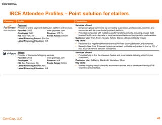 CONFIDENTIAL
ComCap, LLC
IRCE Attendee Profiles – Point Solutions & Site Infrastructure /
Fraud Prevention
Company Profile Capabilities
Apruvd
A guaranteed fraud screening service that combines
cutting edge technology with a focus on human
involvement
Founded: 2015 http://apruvd.com
Employees: 11-50 Revenue: N/A
HQ: N/A Funds Raised: N/A
Latest Financing Round: N/A
Latest Financing Valuation: N/A
Services offered:
 The company approves more transactions and in turn allow the customers to expand their
business. If it approve an order and it results in a fraud-related chargeback, then pay 100%
of the cost. If it decline it, there is absolutely no charge.
 Offers 100% guaranteed fraud screening service offers low-cost, high-accuracy fraud
protection to merchants of any size.
Partner List: Shopify, Magento, Volusion, Demandware and Bigcommerce
Key facts:
 The company helps online businesses maximize their ecommerce revenue
 The purpose of Apruvd is to allow businesses to focus on growth rather than risk.
Chargeback Gurus
Assists online merchants fight and prevent chargebacks.
Founded: 2004
www.chargebackgurus.co
m
Employees: 51-200 Revenue: N/A
HQ: Allen, TX Funds Raised: N/A
Latest Financing Round: N/A
Latest Financing Valuation: N/A
Services offered:
 Strategize & optimize, manage & win chargebacks, minimize chargebacks and prevents
fraud
 The company's chargeback services help the clients to both reduce and win chargebacks,
to improve profitability.
 Services include business risk & vulnerability assessment, chargeback winning &
representment, merchant cops program, consumer fraud prevention, affiliate fraud
monitoring and others
Partner List: Stripe, Orange.crm, Cake, Chase Paymentech, LimeLight, PayCertify, Total-
Apps, VERIFI, Aramour, Authorize.net, First Data
Key facts:
 The company create 360-degree bulletproof solutions to prevent fraud, reduce
chargebacks, increase customer retention, sales & ROI.
 It has been helping businesses fight chargebacks for over 11 years and has recovered
millions in lost revenue
40
 
