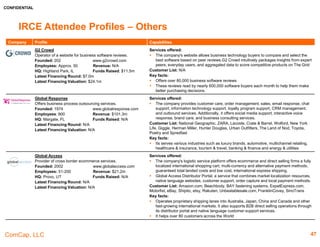 CONFIDENTIAL
ComCap, LLC
IRCE Attendee Profiles – Point Solutions & Site Infrastructure /
Reviews
Company Profile Capabilities
G2 Crowd
Operator of a website for business software reviews.
Founded: 202 www.g2crowd.com
Employees: Approx. 50 Revenue: N/A
HQ: Highland Park, IL Funds Raised: $11.5m
Latest Financing Round: $7.0m
Latest Financing Valuation: $24.1m
Services offered:
 The company's website allows business technology buyers to compare and select the best
software based on peer reviews.G2 Crowd intuitively packages insights from expert peers,
everyday users, and aggregated data to score competitive products on The Grid
Customer List: N/A
Key facts:
 Offers over 80,000 business software reviews
 These reviews read by nearly 600,000 software buyers each month to help them make
better purchasing decisions.
Trustpilot
Operator of an online platform which provides consumer
reviews on various companies.
Founded: 2007 www.trustpilot.com
Employees: 500 Revenue: $10.4m
HQ: Copenhagen Funds Raised: $116.9m
Latest Financing Round: $73.5m
Latest Financing Valuation: N/A
Services offered:
 An online review community helping consumers choose with confidence while enabling
companies to grow their business.
Customers List: N/A
Key facts:
 Currently boasting 14 million consumer reviews of 115,000 businesses, Trustpilot produces
a TrustScore for businesses based on recent reviews.
 Every day, more than 10,000 consumers sign up on Trustpilot.com and every 5 seconds a
new review is posted on the community.
 Trustpilot has customers in 65 countries and has developed strong positions in Denmark,
Sweden, UK, France, Germany and the Netherlands, as well as the US.
47
 