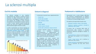 La sclerosi multipla è una malattia
autoimmune che colpisce il sistema nervoso
centrale. Le difese immunitarie del malato
attaccano e danneggiano la guaina mielinica,
una guaina che avvolge le fibre nervose
assicurando la trasmissione di impulsi nervosi
a tutto il corpo. Quando questo accade gli
assoni non sono più in grado di trasmettere
efficacemente segnali nervosi al corpo.
La SM è classificabile con diverse tipologie di
scale, la più nota risulta essere quella EDSS
(Expanded Disability Status Scale), la quale
misura lo stato di invalidità in funzione della
capacità di deambulazione e di otto sistemi
funzionali (Piramidale, Cerebellare, Tronco
Encefalico, Sensitivo, Sfinterico, Visivo,
Cerebrale, Altri).
Cos’è	la	malattia
I sintomi più ricorrenti sono rappresentati da:
- Disturbi visivi
- Disturbi della sensibilità
- Fatica, debolezza e dolore
- Spasticità
- Disturbi cognitivi
- Disturbi vescicali e sessuali
- Disturbi della coordinazione (atassia, tremore)
I sintomi possono variare da persona a
persona e possono comparire
simultaneamente o singolarmente. La
diagnosi è formulata sulla base: dei sintomi
riferiti dal paziente, dell’esame neurologico e
delle analisi strumentali e biologiche.
La comparsa di nuovi sintomi e/o
l’aggravamento delle condizioni dei malati si
associa in genere all’infiammazione e alla
demielizzazione del cervello o del midollo
spinale. Ad oggi, non è possibile stabilire con
certezza le cause della comparsa e
dell’aggravamentodei sintomi.
Sintomi	e	diagnosi Trattamenti	e	riabilitazione
Nonostante non vi siano terapie definitive
che eliminino completamente la malattia,
esistono numerosi trattamenti che riducono
l’incidenza e la severità degli attacchi.
Gli obiettivi principali delle terapie sono:
- Abbreviare le ricadute e ridurre la loro gravità;
- Prevenire le ricadute e prevenire o ritardare la
progressione della malattia.
Si osservi che in funzione dello stato di
avanzamento della malattia è possibile
individuare differenti tipologie di terapie. In
particolare:
- Terapie dell’attacco, i farmaci si somministrano per
pochi giorni nel momento in cui si verifica un
attacco;
- Terapie a lungo termine, volti a modificare la
progressione della malattia;
- Terapie sintomatiche, intervengono sui sintomi ma
non sui meccanismi alla base della sclerosi
multipla.
Fonte Aism.it
La	sclerosi	multipla
4
 
