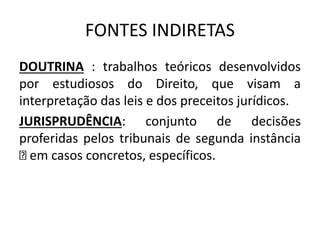 FONTES INDIRETAS
DOUTRINA : trabalhos teóricos desenvolvidos
por estudiosos do Direito, que visam a
interpretação das leis e dos preceitos jurídicos.
JURISPRUDÊNCIA: conjunto de decisões
proferidas pelos tribunais de segunda instância
em casos concretos, específicos.
 